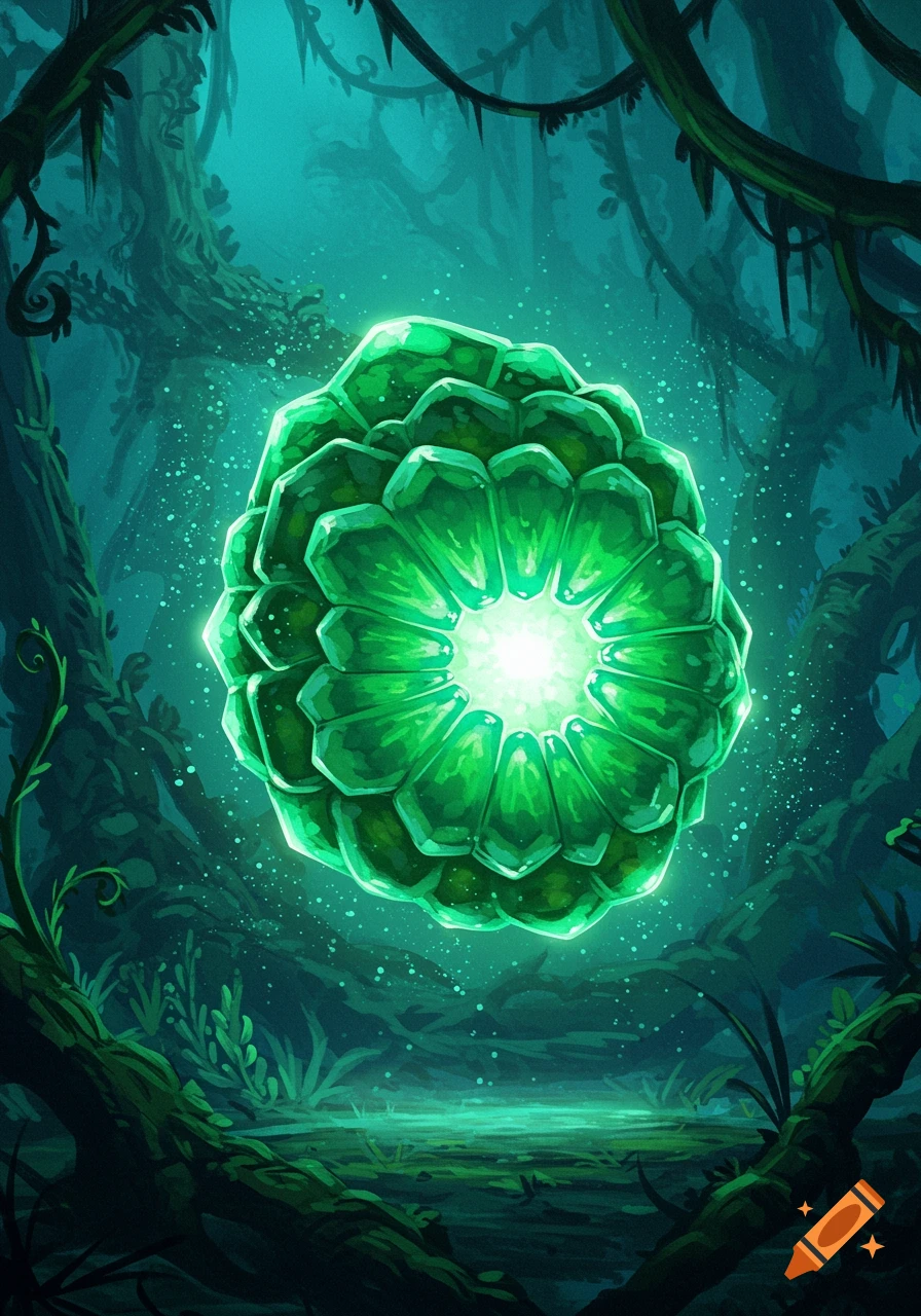 A luminous, multifaceted green gem-like object floats in a dark, mysterious jungle, glowing with internal light.