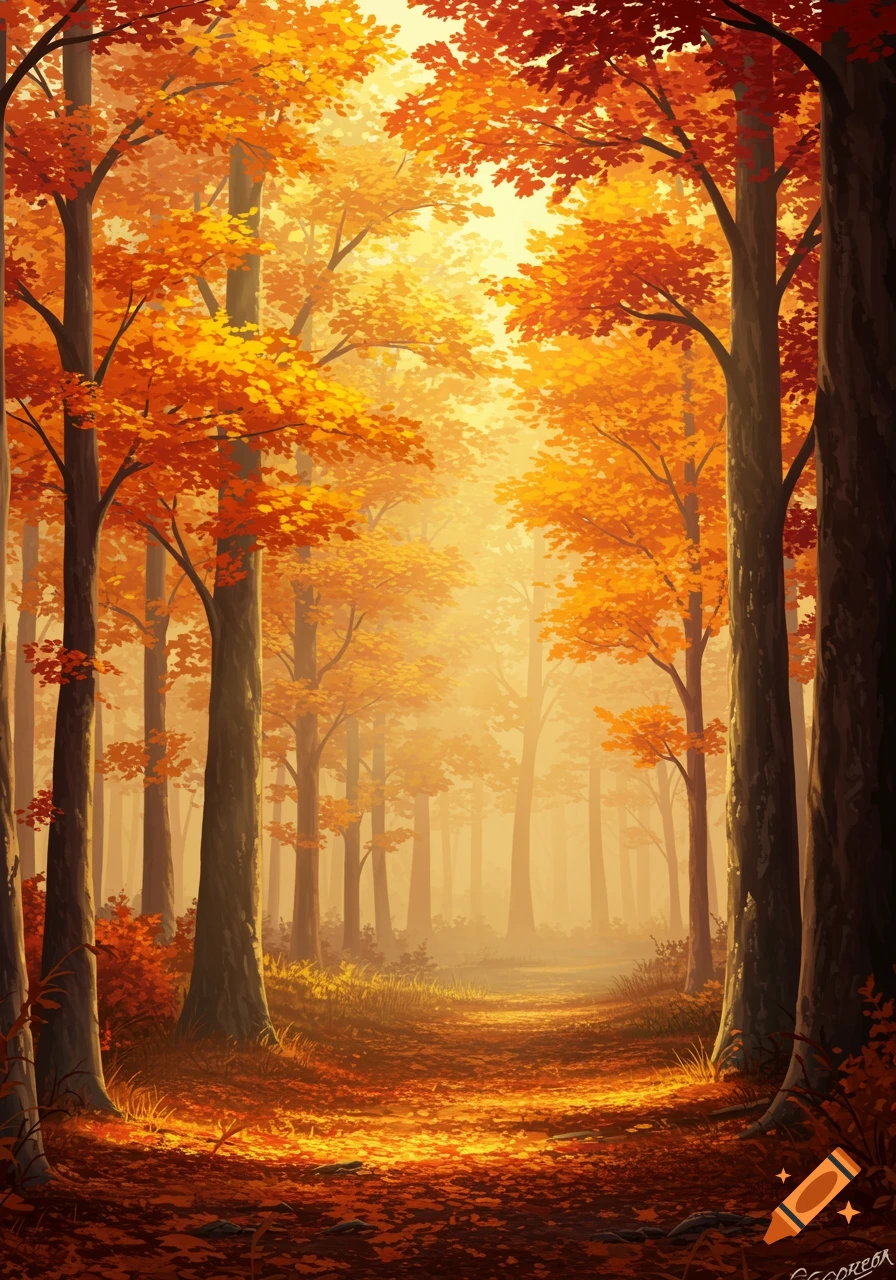 An autumn forest path with vibrant orange and yellow leaves under a golden light, in an illustration style.