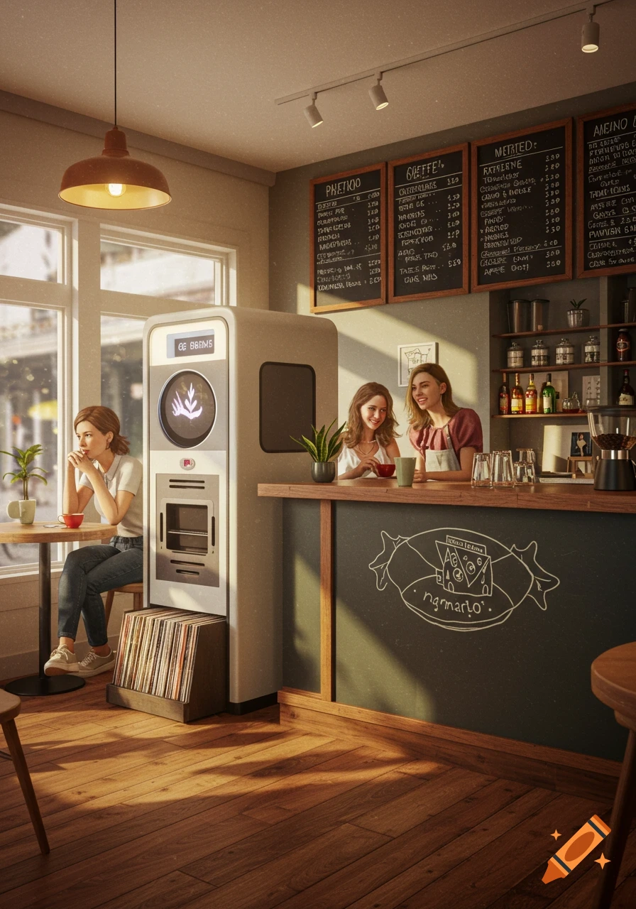 Three women in a warm, sunlit coffee shop. One sits at a table by a window, while two others stand behind a counter. A large coffee machine is in the center.