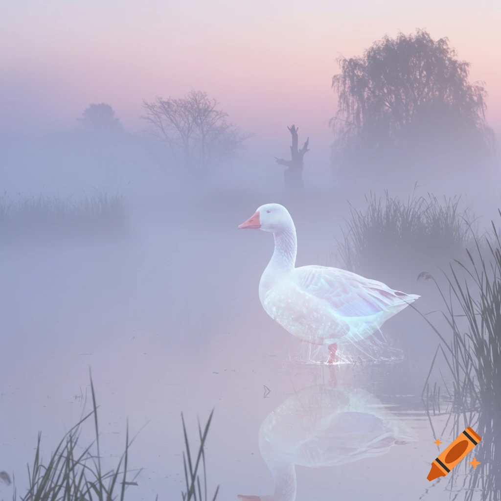 A translucent white goose stands in a misty, ethereal lake at dawn, with reflections on the water and silhouetted trees in the background.