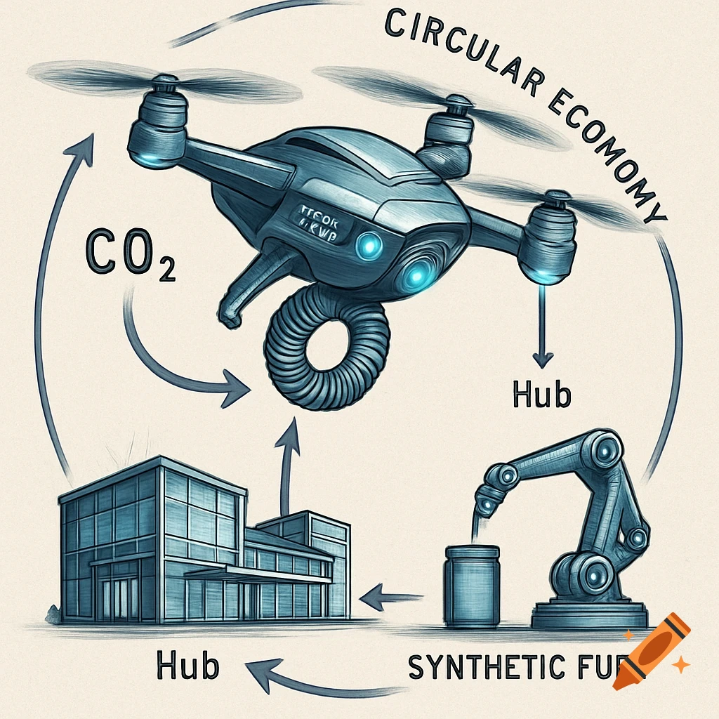 Digital illustration of a futuristic circular economy. A drone with glowing blue lights hovers, part of a system with CO2, a hub building, a robotic arm, and synthetic fuel, all connected by arrows labeled 'Circular Economy'.