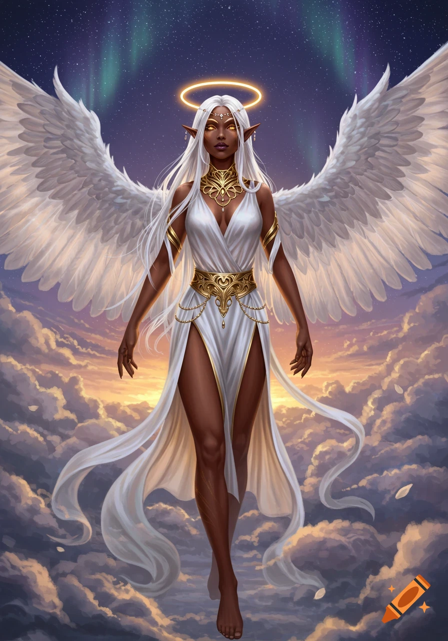Dark-skinned angelic elf woman with white hair, gold jewelry, white dress, large wings, and halo floats amidst clouds under an aurora sky in a digital art style.