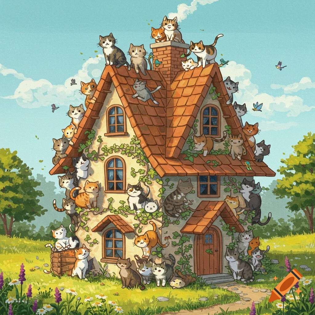 A charming illustration of a cottage house covered with numerous cartoon cats lounging on the roof and walls in a sunny, green landscape.