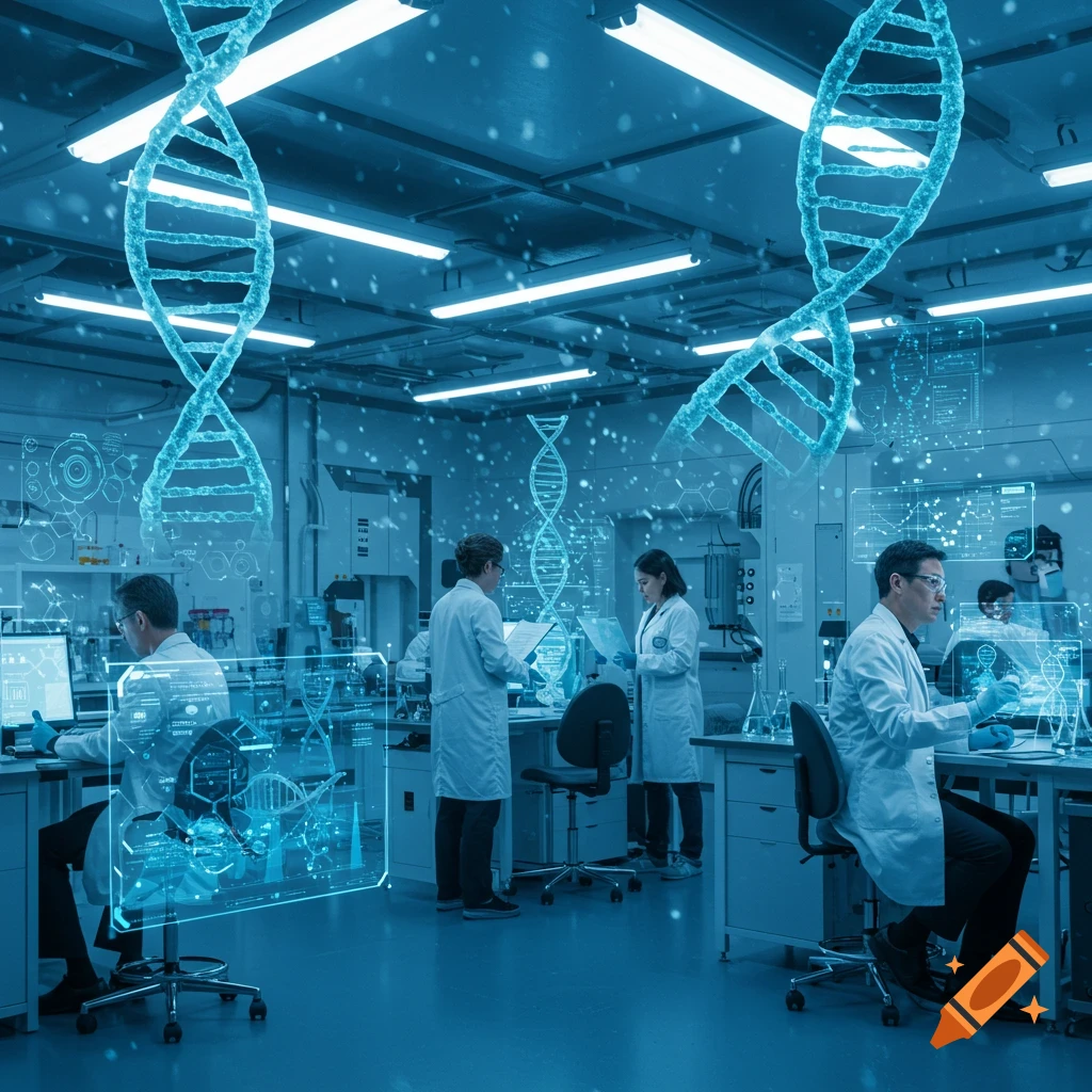 Photorealistic image of scientists working in a futuristic blue-lit laboratory with holographic DNA strands and data visualizations.