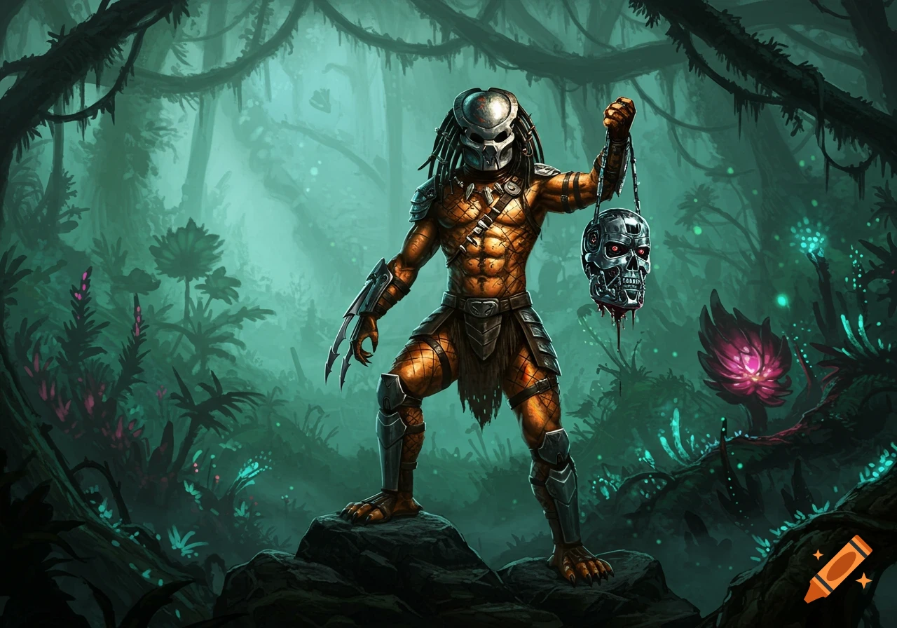 A Predator character stands in a jungle, holding a bloody Terminator head as a trophy in a stylized art style.