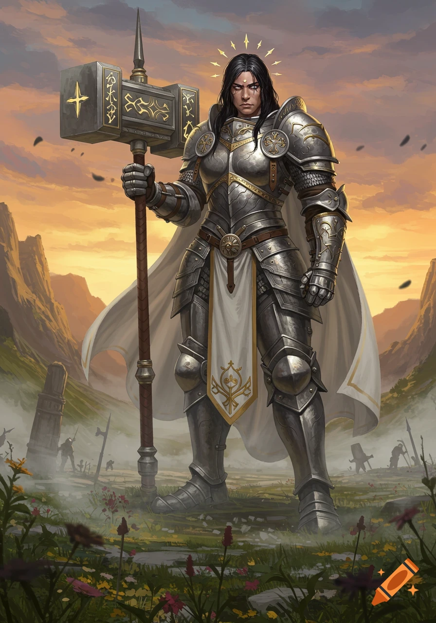 A powerful female knight in full plate armor holds a massive war hammer at sunset in a mountainous field.