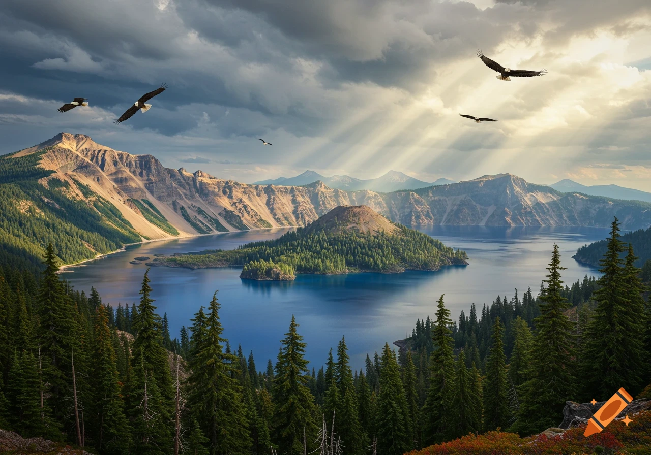 A scenic view of a deep blue lake surrounded by mountains and pine trees under a dramatic sky with sun rays. Several eagles fly overhead.