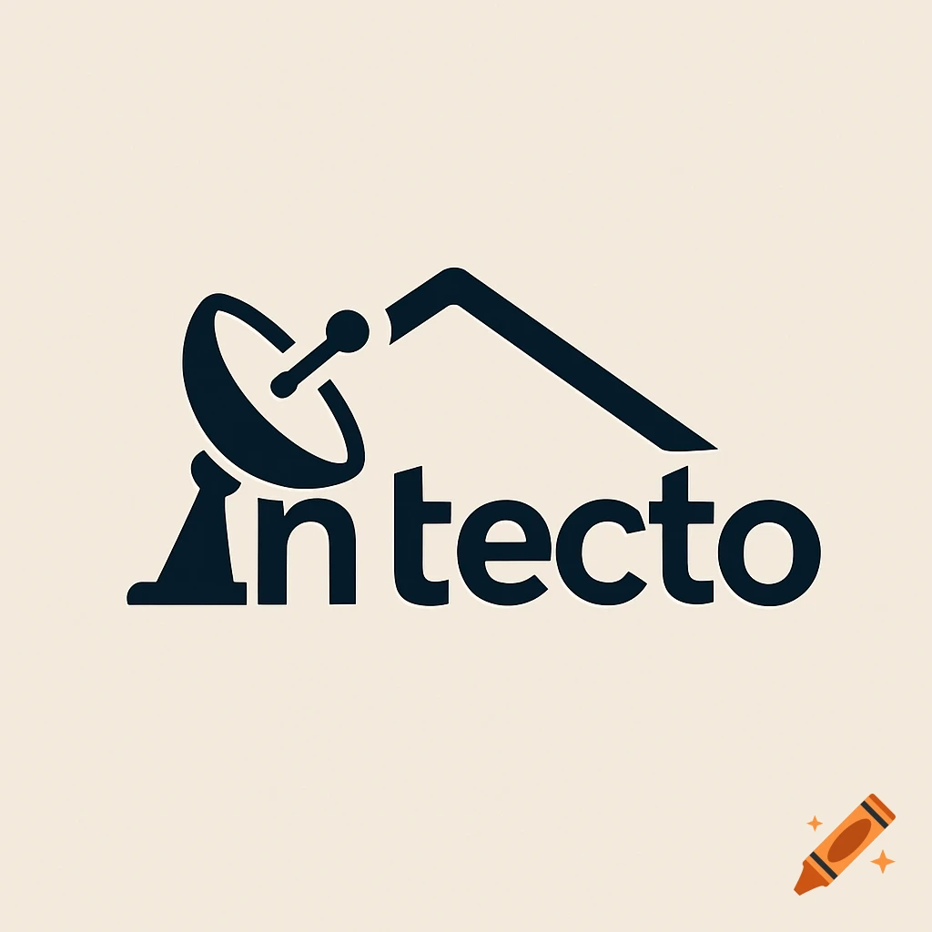 A minimalist black and beige logo featuring a satellite dish connected to a roof icon, with the text "In tecto" below it.