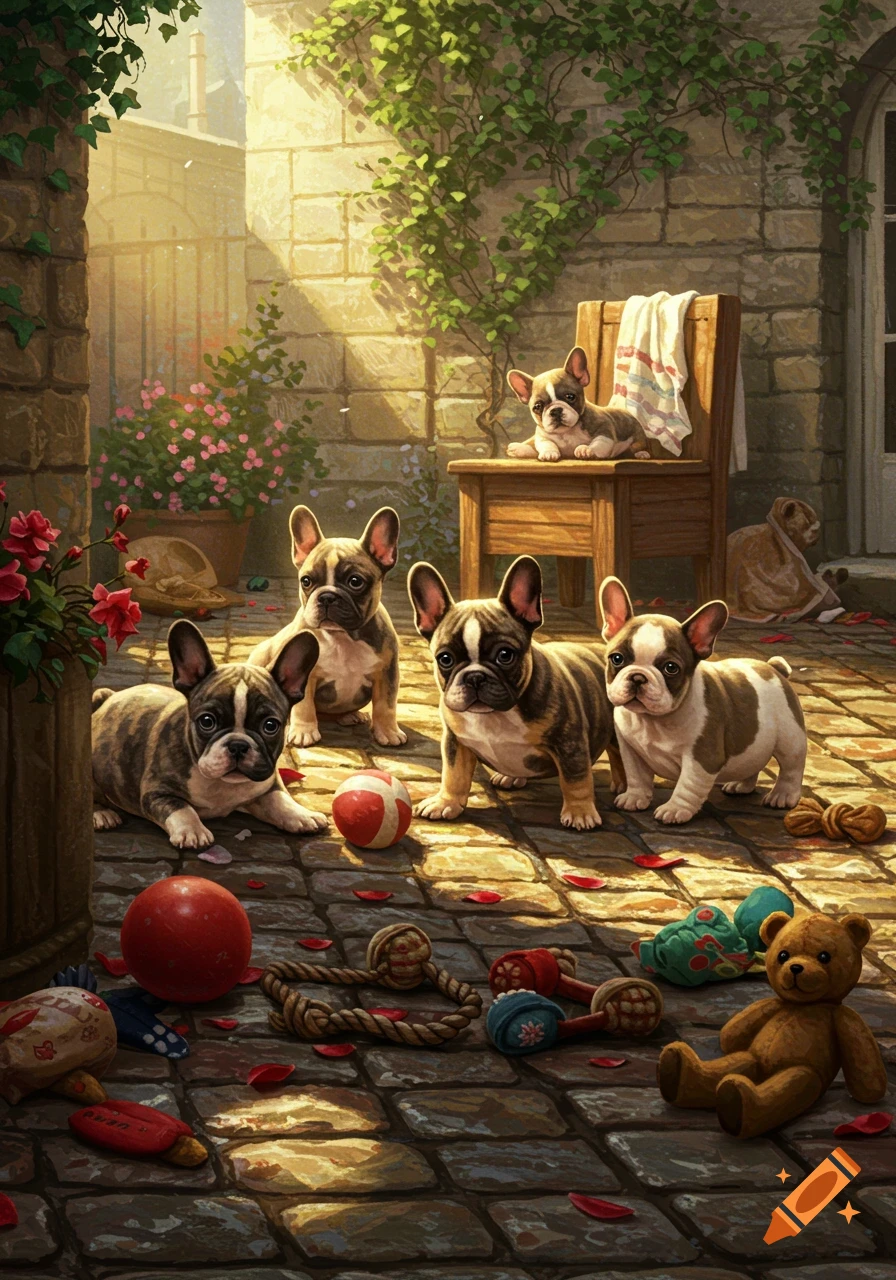 Five French Bulldog puppies playing with toys in a sunny, cobblestone courtyard with stone walls and ivy, in an illustrative style.