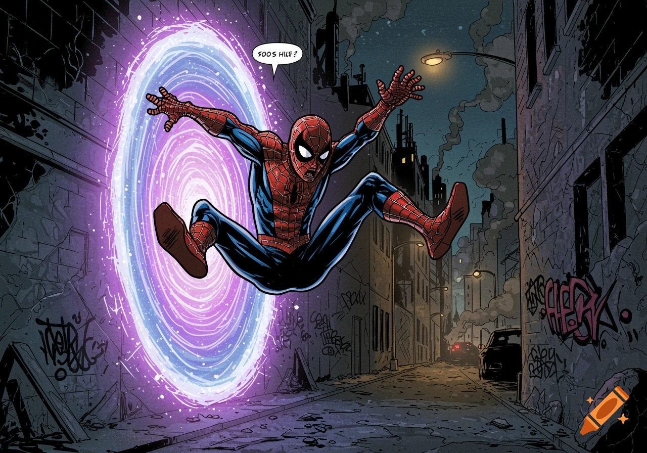 Spider-Man falls from a glowing purple portal into a dark, graffiti-covered alley at night, in a comic book style.