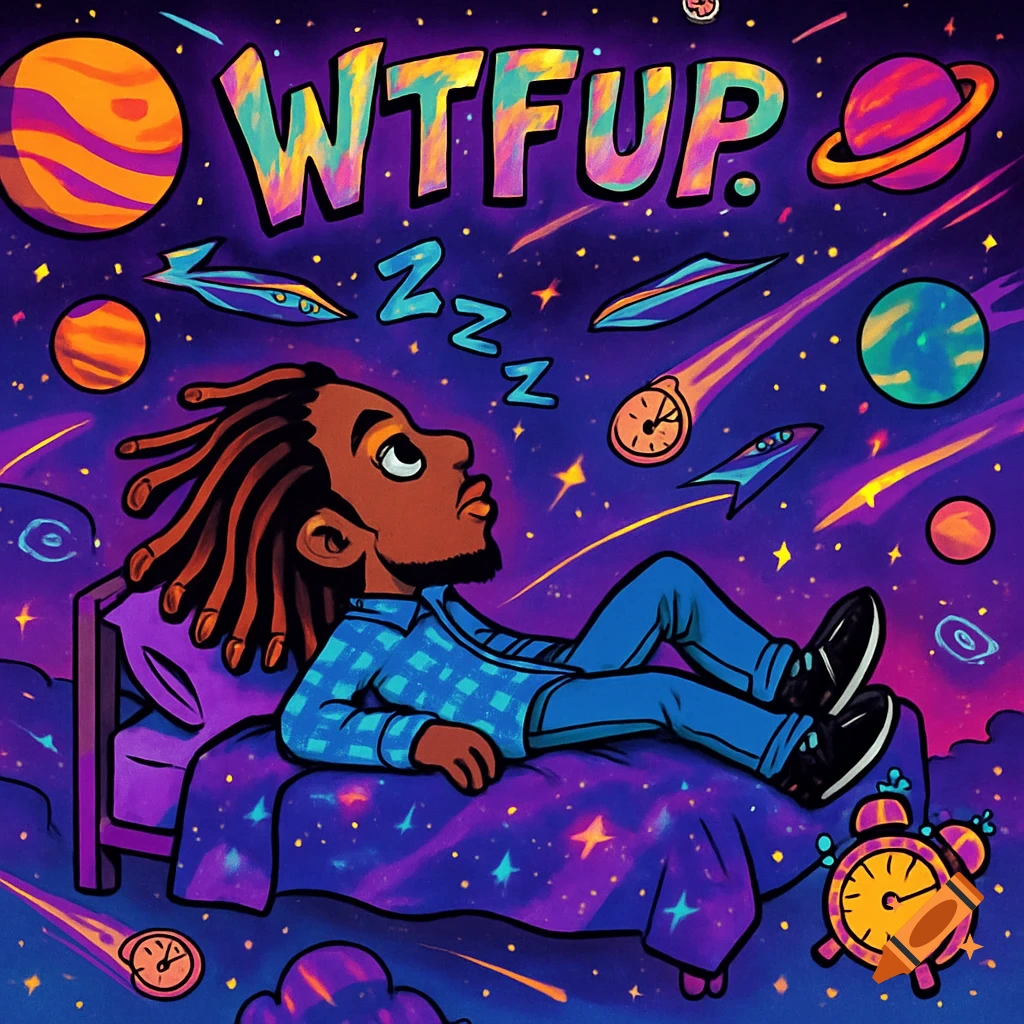 A vibrant animated image of a man with dreadlocks lying on a bed floating in a surreal cosmic space with planets, stars, and clocks. Text reads "WTFUP."
