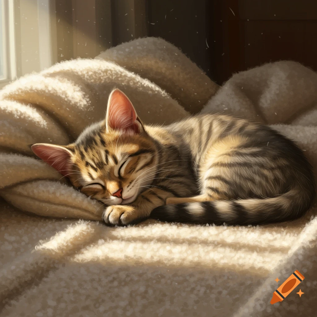 A cute tabby cat is curled up sleeping on a soft, light brown blanket, bathed in warm sunlight from a nearby window.