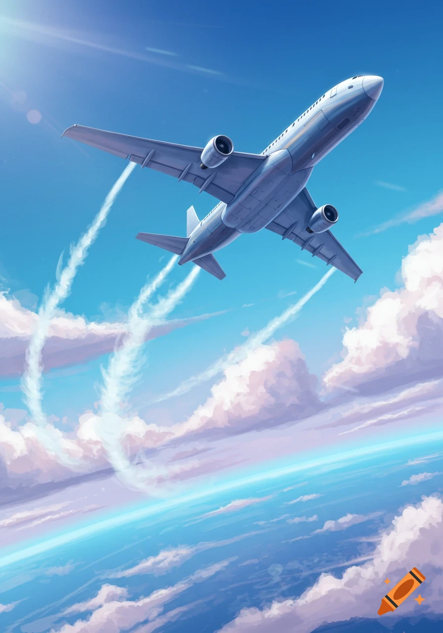 An illustration of a passenger airplane flying upwards over clouds with the Earth's horizon visible.