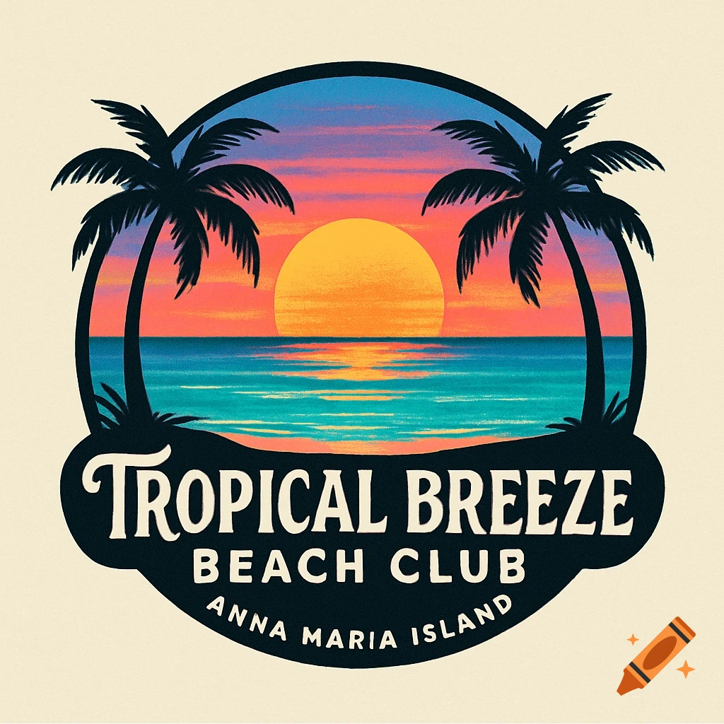 A circular retro-style logo for "Tropical Breeze Beach Club" with silhouetted palm trees, a large orange sun setting over a blue ocean, and a vibrant sunset sky.