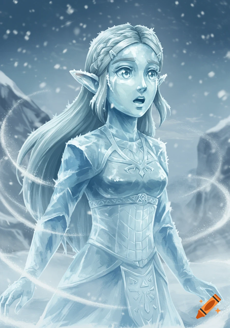 Princess Zelda from Breath of the Wild, transformed into an ice statue with a surprised expression, in a snowy mountain landscape.