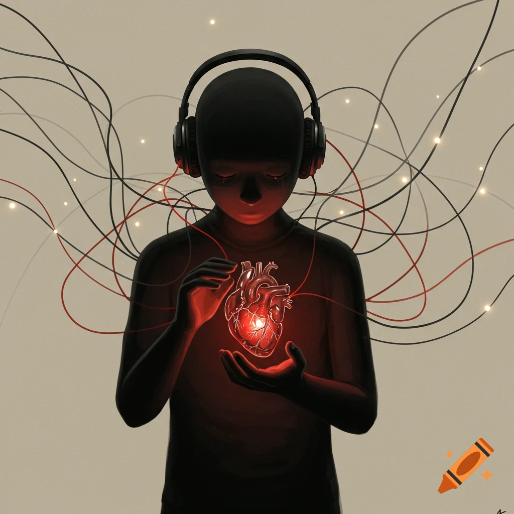 Melancholic digital illustration of a faceless figure wearing headphones, holding a glowing, cracked heart with tangled wires behind.