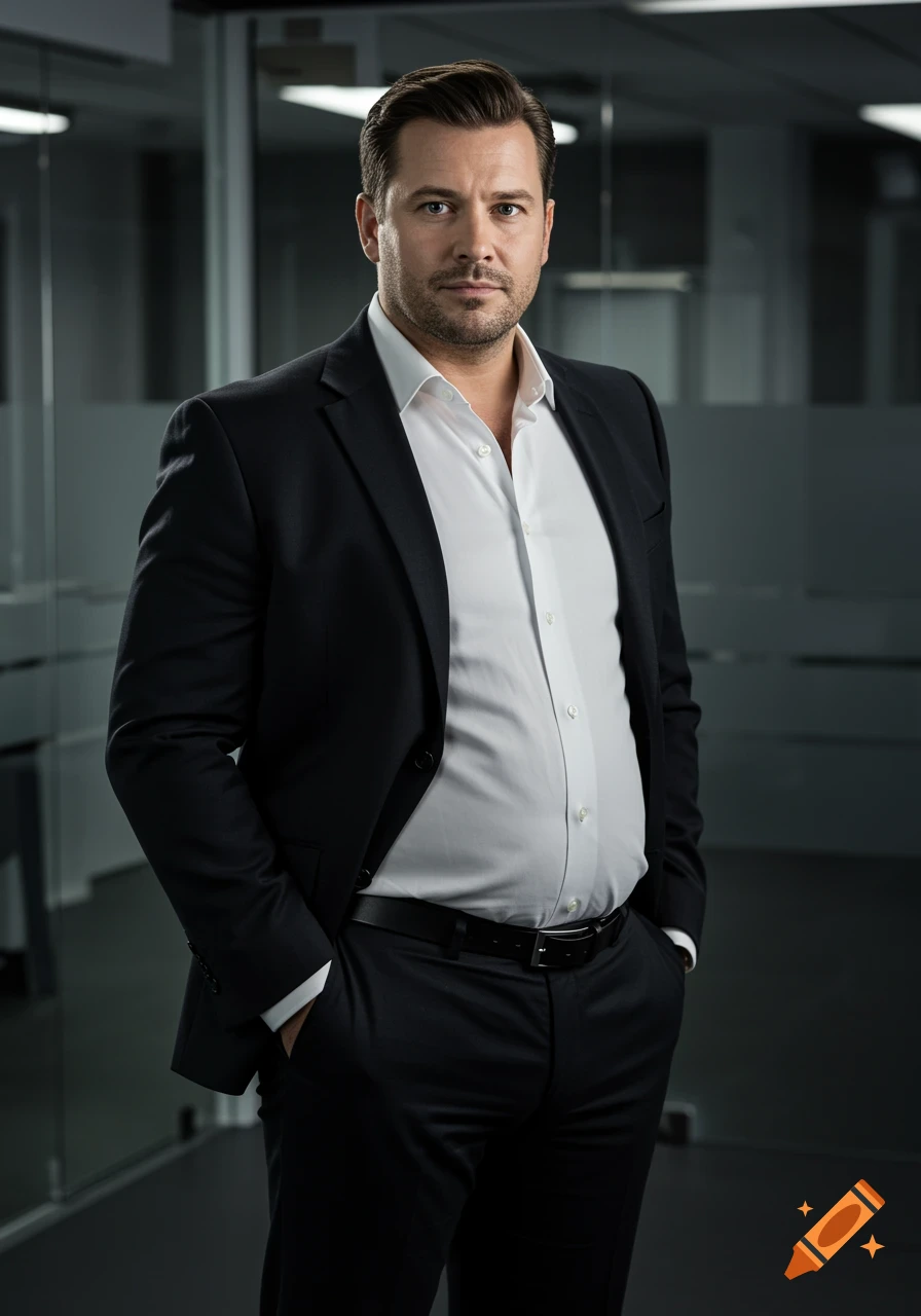 Photorealistic portrait of a handsome Caucasian businessman in a black suit and white shirt, hands in pockets, with a noticeable belly.