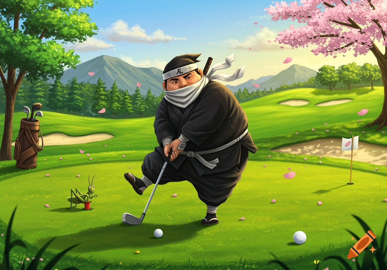 A cartoon fat ninja wearing black, a headband, and a mask swings a golf club on a green course with cherry blossoms and mountains.