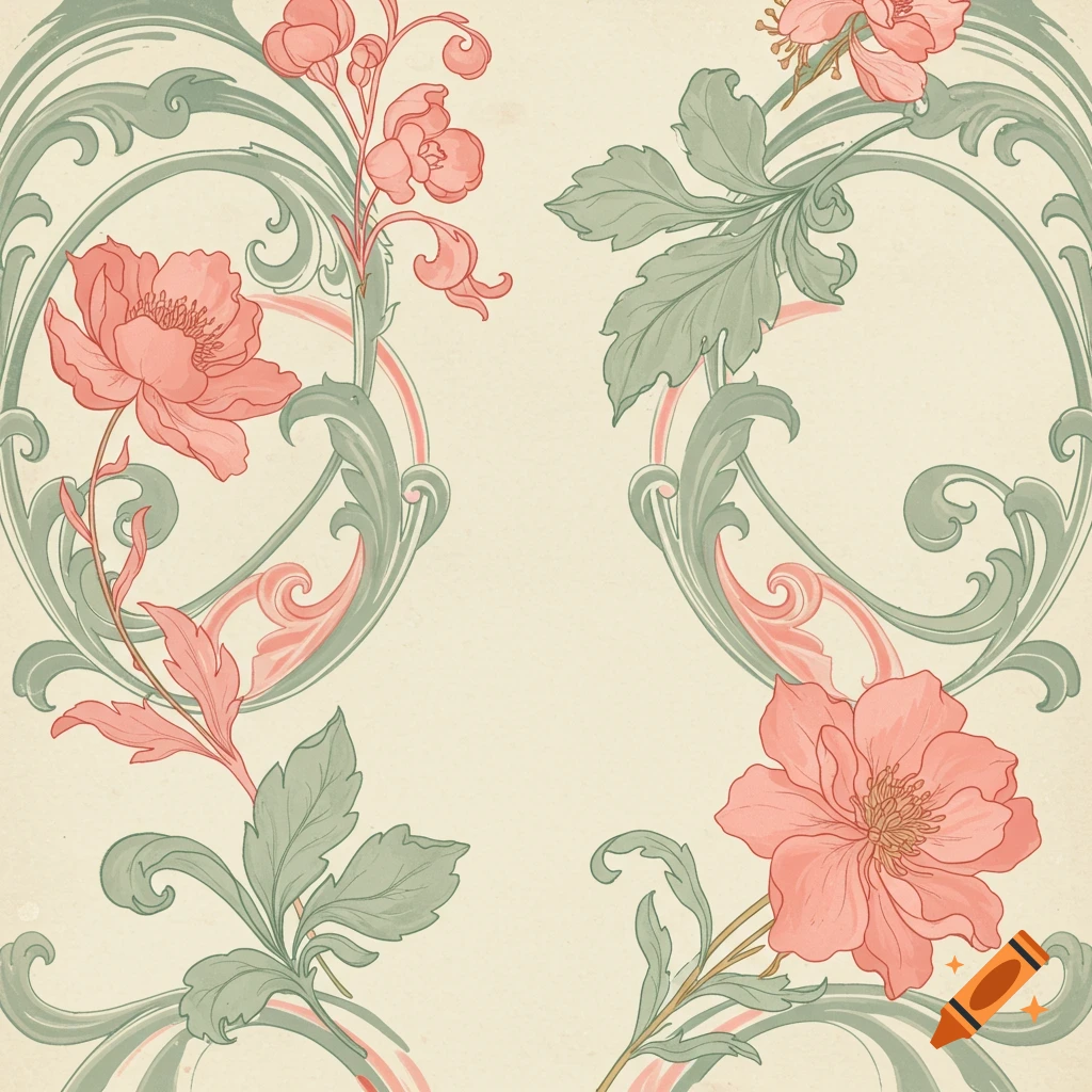 Art Nouveau floral pattern with pink and sage flowers and swirling leaves on an ivory background.