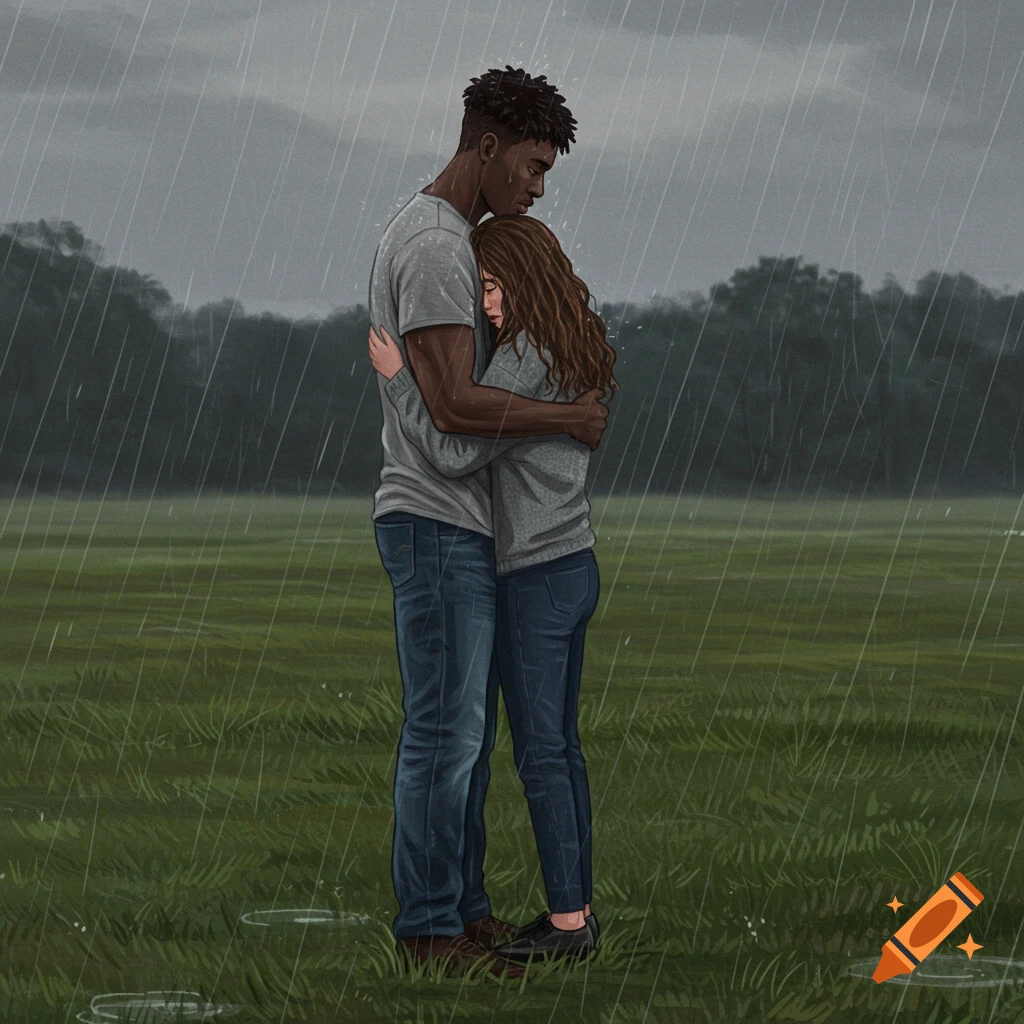 Drawing of a Black man hugging a woman tightly in a rainy green field, both appearing to grieve.