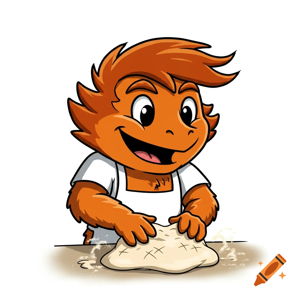 A happy orange cartoon mascot in a white apron kneads sourdough dough on a counter.