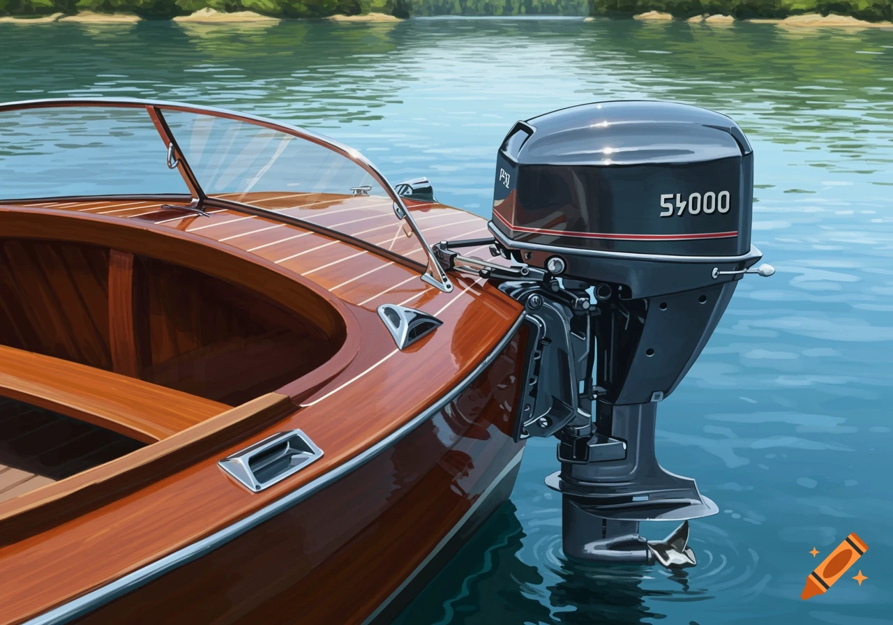 A detailed illustration of a wooden boat with an outboard motor floating on blue water, a green shoreline in the background.