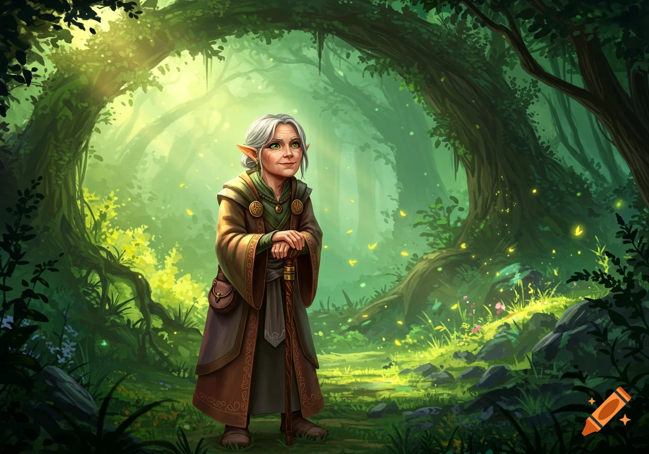 An old elf-like woman with white hair and a cane stands in an enchanting, glowing forest.