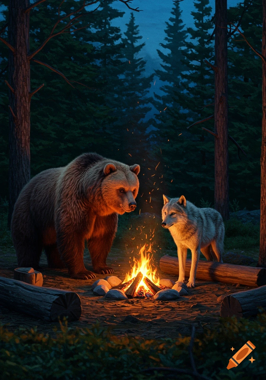 A realistic image of a brown bear and a gray wolf standing around a bright campfire in a dark forest at night.