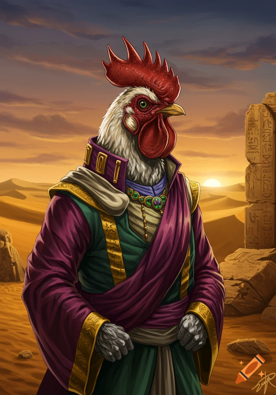 An anthropomorphic chicken in vibrant robes stands in a desert landscape with ancient ruins at sunset.
