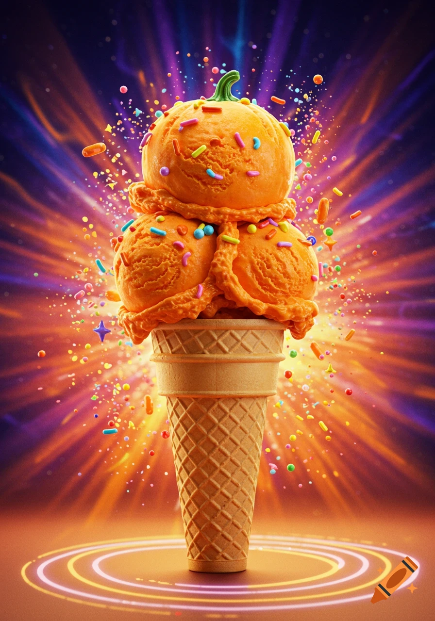 A vibrant ice cream cone with three orange, pumpkin-shaped scoops covered in colorful sprinkles, against a bright, radiating background.