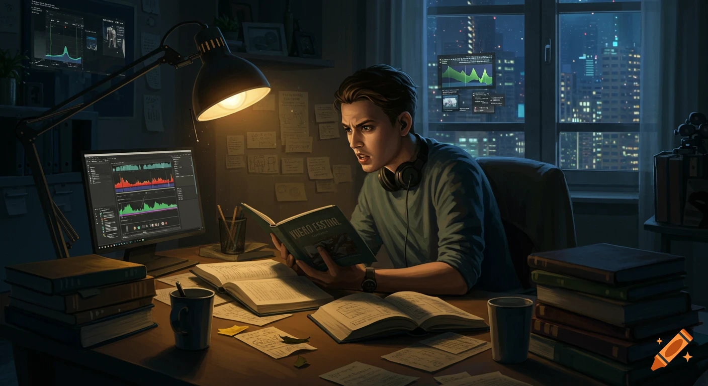 A man with headphones intently reads a book at a cluttered desk, illuminated by a lamp, with city lights visible outside a window.