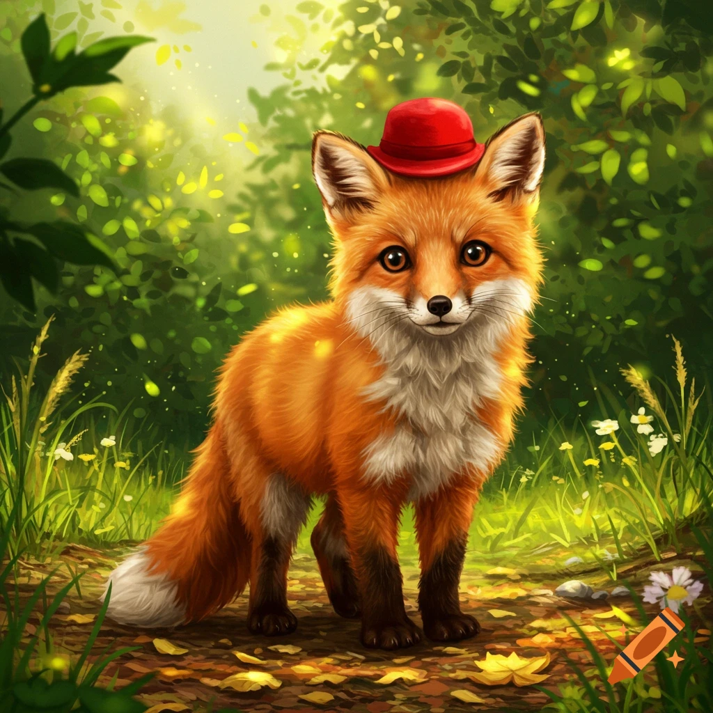 A cute orange and white fox wearing a red hat stands on a leafy path in a bright, lush green forest.