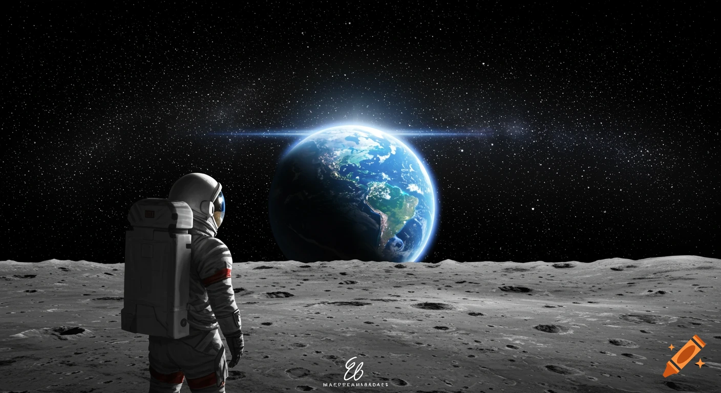 Astronaut on the moon looking at a bright, illuminated Earth in the dark starry sky.