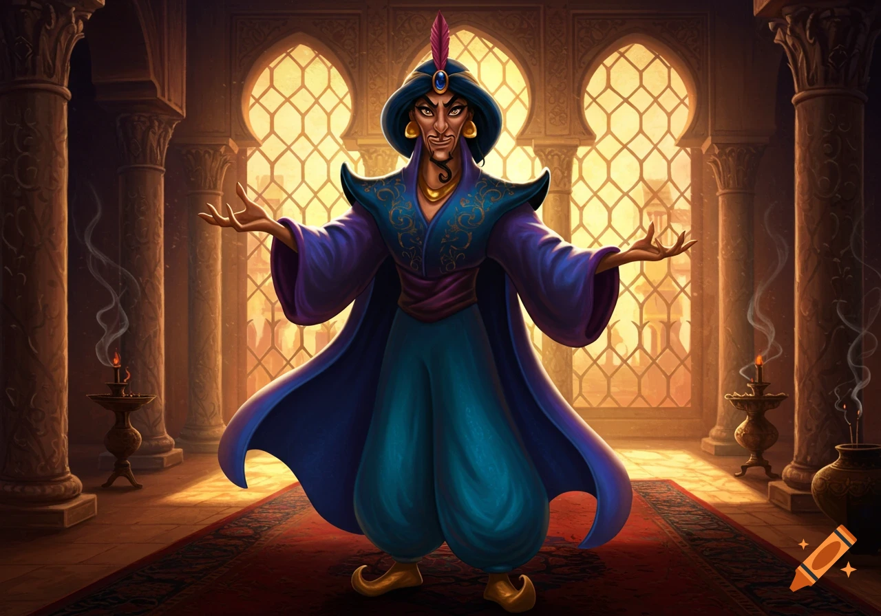 Jafar stands in a grand, ornate palace room with arched windows, arms outstretched, wearing purple and teal robes.