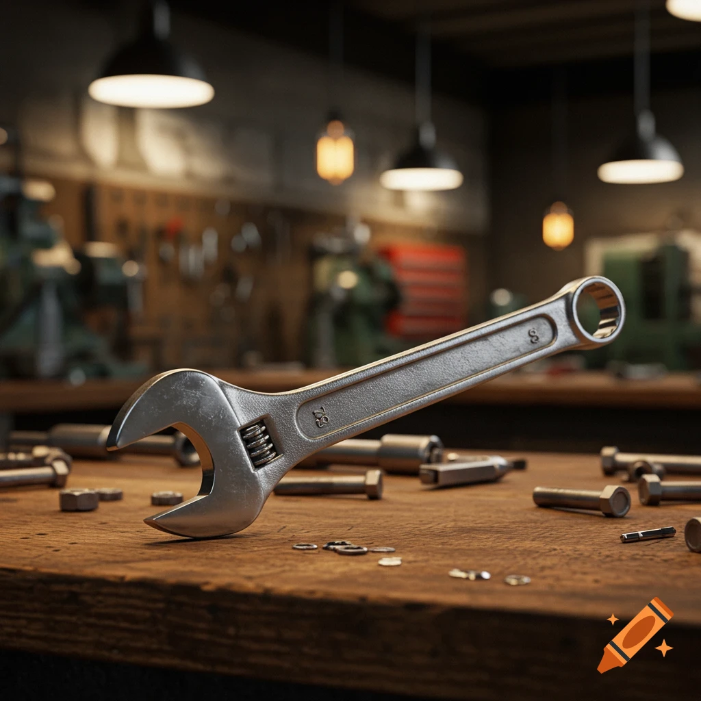 A close-up, photorealistic image of a silver adjustable wrench on a wooden workbench with various nuts and bolts scattered around.