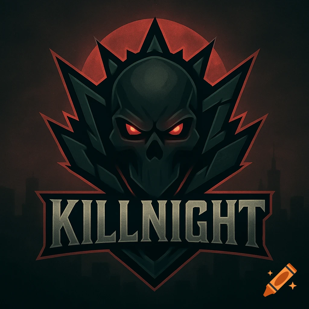 A dark gaming logo with a stylized black skull and glowing red eyes, sharp geometric shapes, and the word KILLNIGHT.