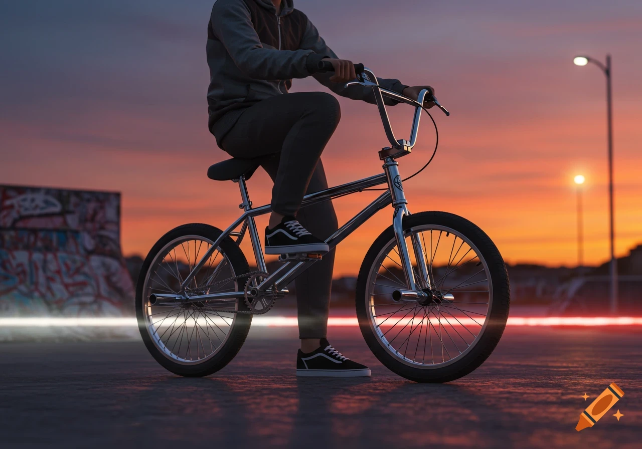 A person sits on a chrome BMX bike in an urban skate park at sunset, with a graffiti-covered wall in the background.