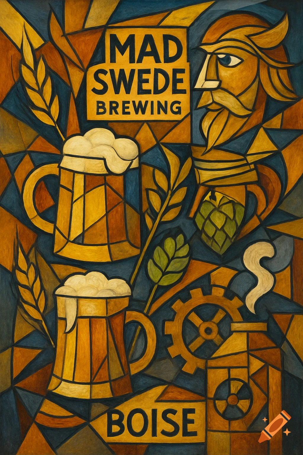 Cubist-style poster for Mad Swede Brewing in Boise, featuring beer steins, wheat, hops, and a stylized bearded man.