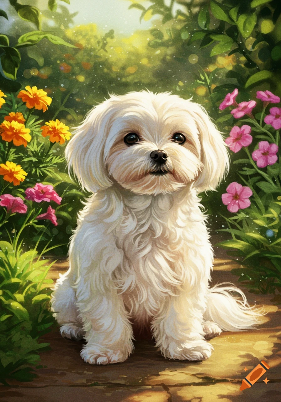 A fluffy white Maltese dog sits in a vibrant garden surrounded by colorful flowers.
