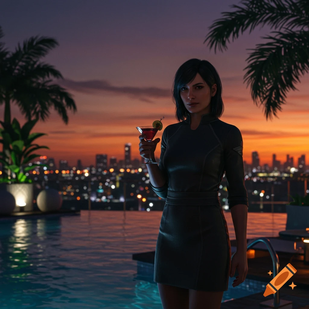 A woman in a black dress stands by a rooftop pool, holding a cocktail, with a city skyline at sunset in the background. Photorealistic.