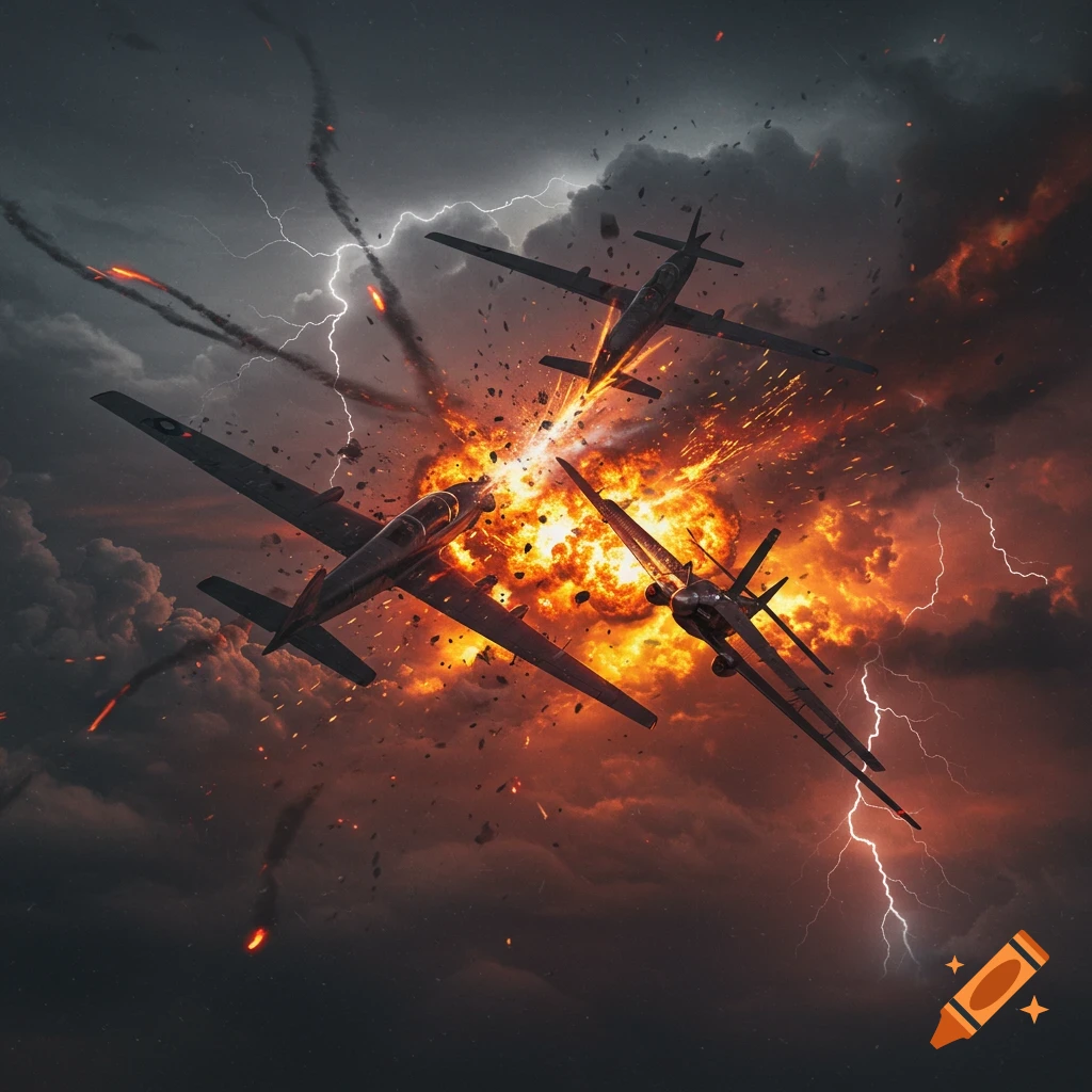 Three planes collide in a fiery explosion amidst a stormy sky with lightning.