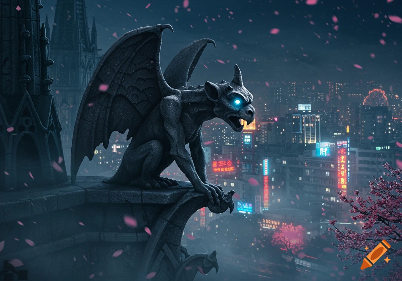 A stone gargoyle with glowing blue eyes perches on a gothic building, overlooking a vibrant, neon-lit futuristic city at night with falling cherry blossoms.