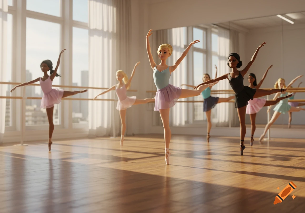 Several Barbie-like dolls practice ballet in a sunlit studio with large windows and a mirror.