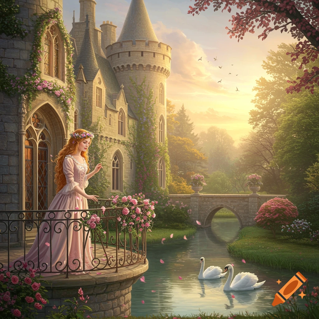 A princess in a pink dress on a stone castle balcony, overlooking a river with swans in a lush, flowery garden at sunset.