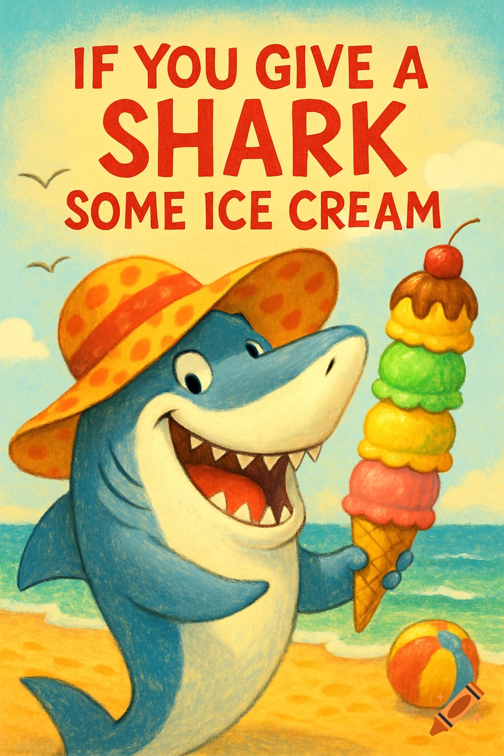 Cartoon shark wearing a hat, holding a tall ice cream cone on a beach, with text 'IF YOU GIVE A SHARK SOME ICE CREAM'.
