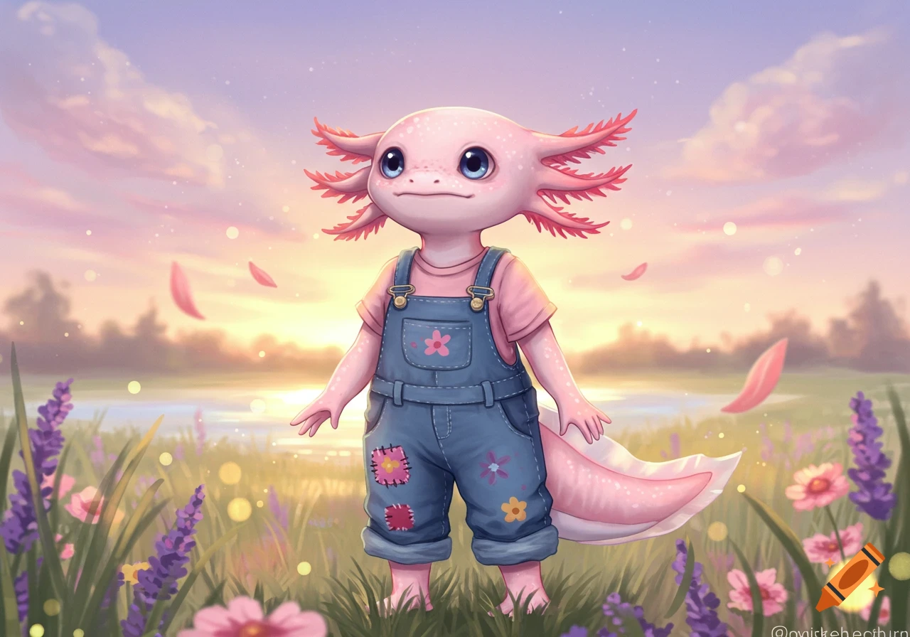 A cute pink axolotl character wearing blue overalls stands in a field of purple flowers at sunset.