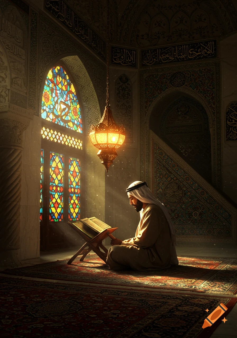 A man in traditional Arab attire sits on a rug in a mosque, reading a book illuminated by light from stained glass windows and a hanging lantern.