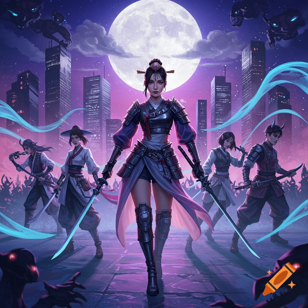 A group of armored kpop-style demon hunters stand ready for battle in a futuristic city at night under a full moon, with shadowy demons lurking.