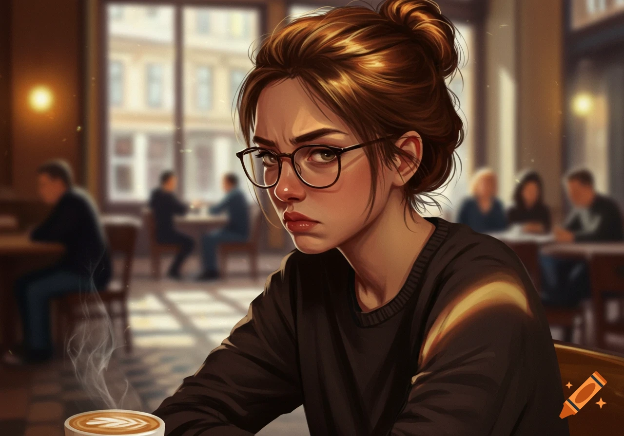 Digital art portrait of a young woman with glasses, looking frustrated, sitting in a cafe with coffee.