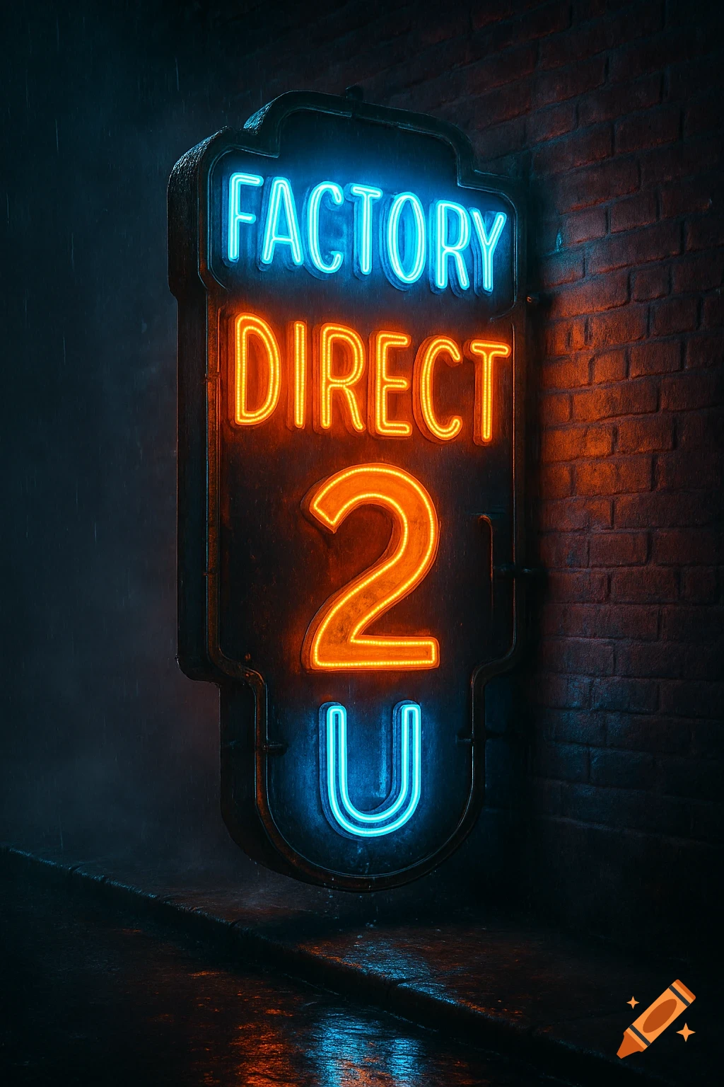 A vibrant neon sign reading 'FACTORY DIRECT 2 U' glows blue and orange against a wet brick wall at night, with reflections on the ground.